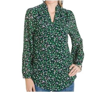 Chico’s Blouse Tunic V-Neck Lined Navy & Green Abstract Print Chico’s Sz 3=Sz 16